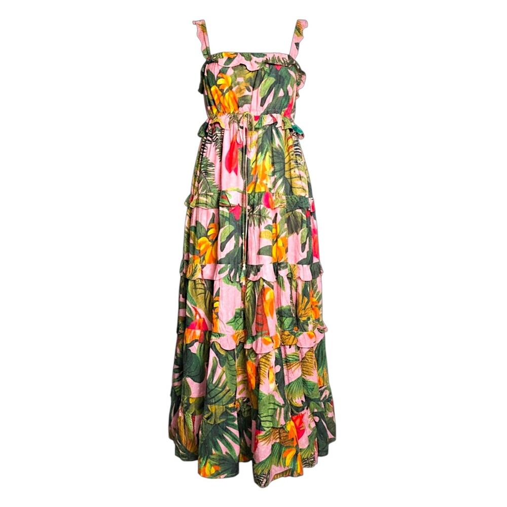 Farm Rio Pink Cocoa Forest Tiered Maxi Dress Large Tropical NWT